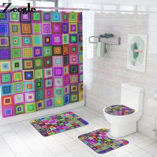 3D Print Home Decor Bath Mat and Shower Curtain Set Bathroom Carpet Rug Memory Foam Toilet Mat Absorbent Toilet Seat Cover Mat