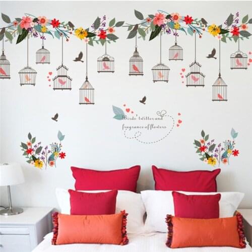 Colorful Flower Birds Birdcage Wall Sticker Decals Wall Art For Home Living Room Bedroom TV Background Garden Window Decor PVC