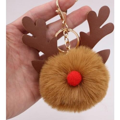 Creative Multi-style Elk Faux Pompom Keychain Christmas Gift Pendant Imitation Fur Ball Key Ring Bag Christmas Tree Decoration