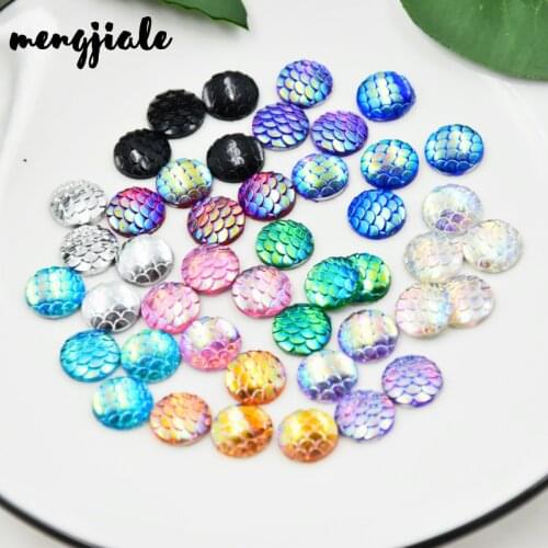 MENGJIALE 20pcs/lot Mix Colors Mermaid Fish Scale Style Flat back Resin Cabochons For Bracelet Earrings patch accessories 12mm