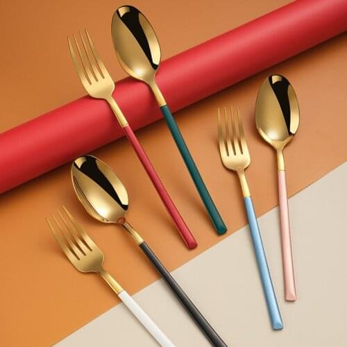 Steak Knife Spoon Stainless Steel Cutlery Set Western Tableware Gold Utensils Fork Soup Coffee Items Dinnerware Kitchen Table