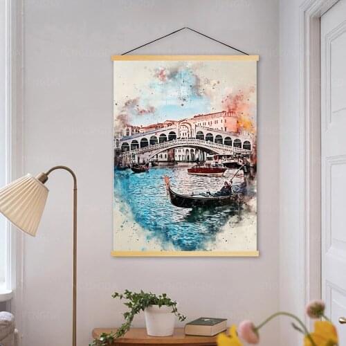 Wall Art Solid Wood Scroll Hanging Painting Canvas Architectural Landscape Picture City Poster Print Home Decor for Living Room