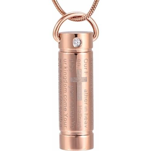 IJD2207 Stainless Steel Cremation Jewelry Cylinder for Ashes Urn Rose Gold Pendant Bible Prayer Cross Memorial Keepsake Necklace