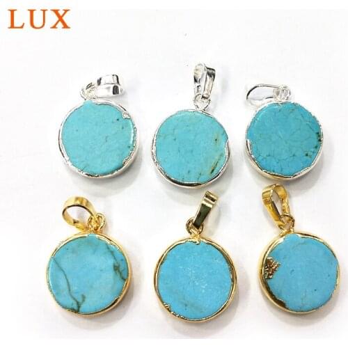 Round silvers Gold Plating Natural Copper Turquoises Pendant 12mm Coin Blue Genuine Turquoises Gem stone Charm Making Jewelry