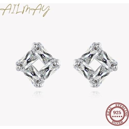 Ailmay 925 Sterling Silver Square Transparent Trapezoidal Ripple Earrings Clear Zircon For Women Girls Party Accessories Jewelry