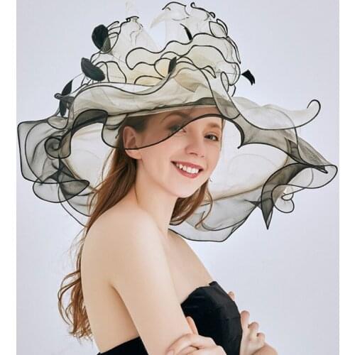 European American Organza Sun Protection Fedoras Hat Women Fashion Flower Cap Female Summer Sunshade Church Wedding Hats H6524