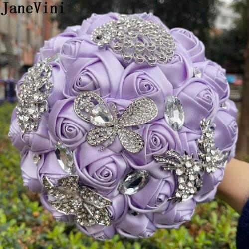 JaneVini 2021 Purple Crystal Satin Flower Wedding Bouquet Bride Luxury Jewelry Silver Rhinestones Beaded Bridal Bouquets Custom