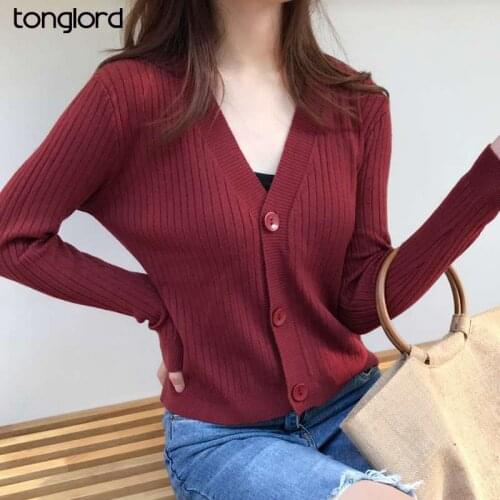 Candy Color Bottoming Sweater Tops For Women 2021 Autumn Single-Breasted Long Sleeve V-Neck Knitted Top Fmale Solid Thin Jackets
