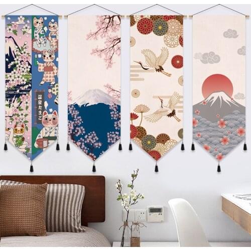 Japanese Cherry Blossom Scroll Painting Living Room Wall Art Canvas Poster Mount Fuji Printed Wooden Hanging Painting Home Decor