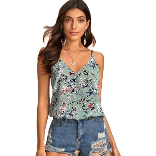 Casual Sexy V-Neck Print Chiffon Womens Camisole Vest Italian Thin Shoulder Belt Large Sleeveless T-Shirt Summer Open Back Top