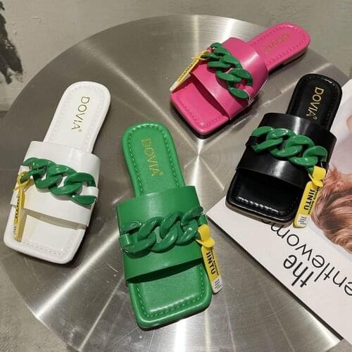 2021 Summer Women Flat Heels Slippers Brand Design Green Chain Woman Slipper Open Toe Squared Toes Ladies Fashion Shoes