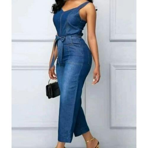 African Clothes Women Denim Spaghetti Strap Jumpsuit Washed Elastic Straight Overalls Lady Office Elegant Work Wear Jeans Romper