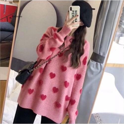 Heart Patchwork Knitted Woman Sweaters Round Neck Long Sleeve Loose Casual Knitwear Fall Women Oullovers mujer suteres