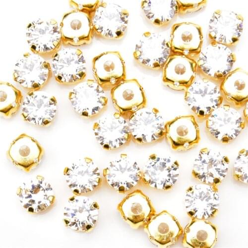 High Quality 20Pcs 5A Zircon Crystal 8Mm Classical Round Gold Claw Sew On Stone Pointed Back Rhinestones For Clothing