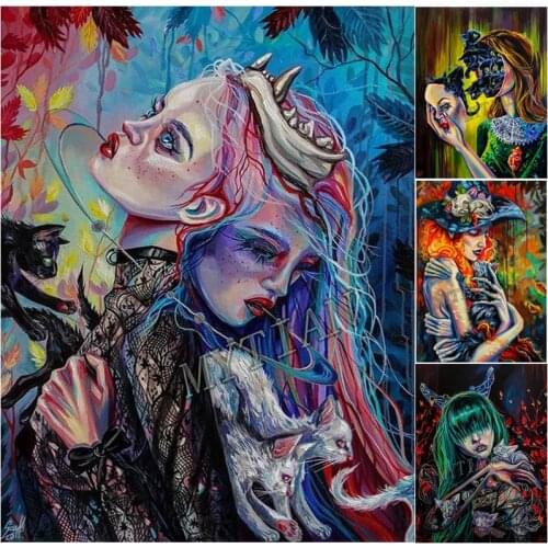 Full square/round 5D DIY diamond painting women and cat diamond Embroidery Pattern Gothic art Cross stitch kit mosaic home decor