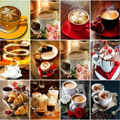 AZQSD Diamond Painting Coffee Cross Stitch Rhinestones Diamond Embroidery Kitchen Landscape Mosaic Handicraft Home Decoration