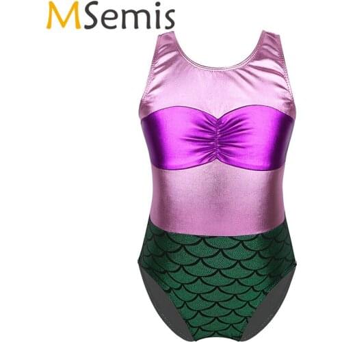 Ballet Leotard for Girls Kids Sleeveless Metallic Ruched Chest Mermaid Scales Printed Gymnastics Leotard Ballet Dance Jumpsuit