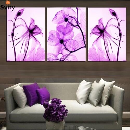 Free Shipping Hot Sell 3 Panels Modern Wall Painting purple flower picture Home Decorative Art Picture Paint on Canvas Prints