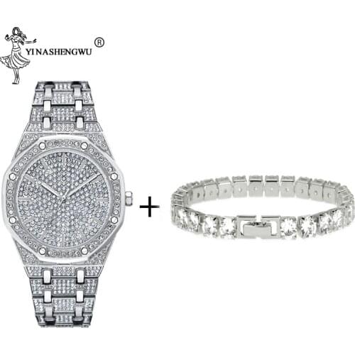 Luxury Men Gold Color Stainless Steel Watch Waterproof Hip Hop Bracelet Crystal Miami Ice Out Cuban Link Chain Male Hot Selling