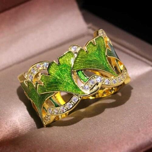 Enamel Two-color Enamel Ginkgo Leaf Ring for Ladies Metal Gift Zircon Crystal Ring Fashion Jewelry Accessory Gift