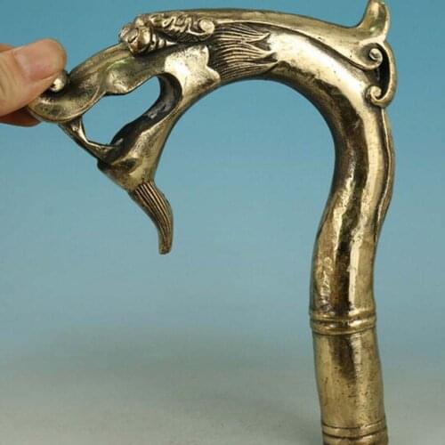 Bronze Pure Copper Brass old Grandpa Good Lucky Walking Stick Head Big Chinese Old Handmade Carved Dragon Collect St