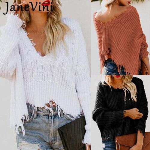 JaneVini Tassel V Neck Women Knitted Sweater Spring Autumn Sexy Ladies Sweater High Street Fashion Womens Jumpers Pullovers Top