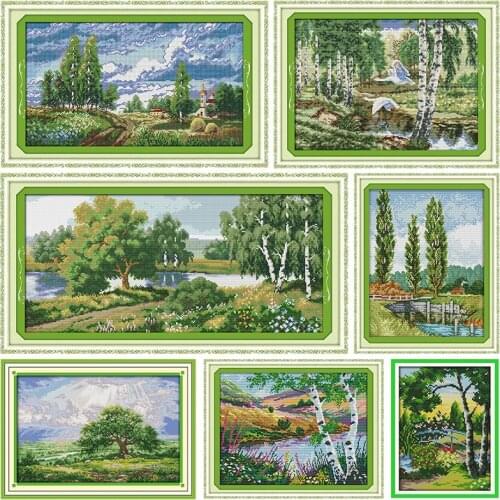 Joy Sunday Stamped Cross Stitch Kits Embroidery The Trees Along The River 11CT 14CT Counted Printed Needlework Decor Crafts Sets
