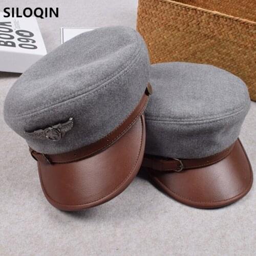 SILOQIN cowhide leather cap army Military Hats for women Punk retro Gorra de cuero natural genuine leather hat elegant lady caps