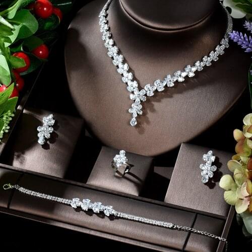 HIBRIDE Luxury Big Flower Shape Women Party Earring Bracelet Ring Necklace 4pcs Sets African Wedding Costume Jewelry N-851