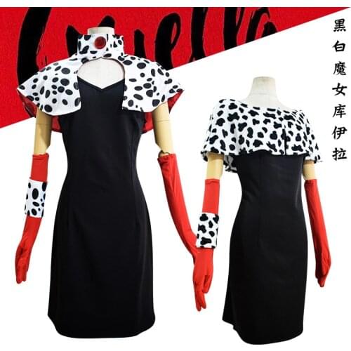 Cruella Cosplay Costume Dress Cruella De Vil Dalmatians Dress Uniform Gloves Halloween Carnival Costume Suit