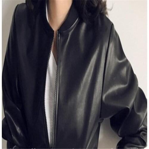 Spring Autumn PU Leather Jacket Coats Top Fashion Leisure Versatile Female Student Short Retro Stand Collar Zipper Black Motorcy
