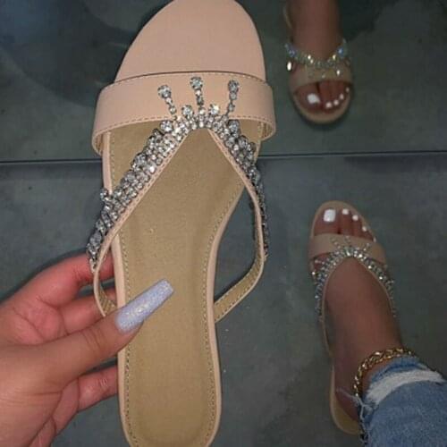 Summer New Womans Flat Outdoor Slippers Rhinestones Beach Shoes Sandals Comfortable Sexy Plus Size 42