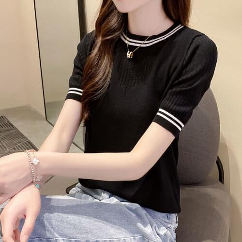 Summer Ice Silk T-shirt Womens Loose and Thin T-shirt Thin Round Neck Bottom Coat Foreign Style Short Sleeve Womens Top