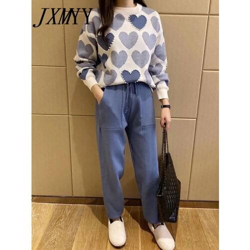 Fashion Love Printed Knitted Two Peice Suit Women Long Sleeve Sweater Tops And Solid Colors Casual Pants Female Korean Suit