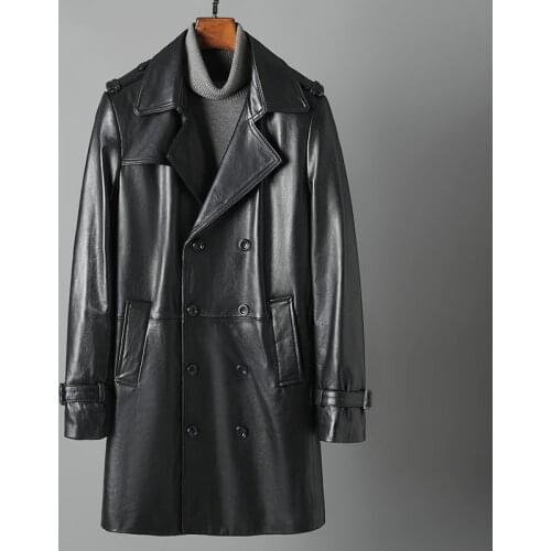 Genuine Leather Clothes Mens First Layer Cowhide Trench Coat Long Slim Fit Business Jacket