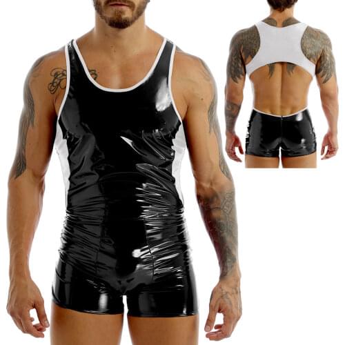 Mens Wetlook Leather Color Block Backless Skin-Tight Jockstraps Short Exotic Bodysuit Skinny Latex Night Party Clubwear Costumes