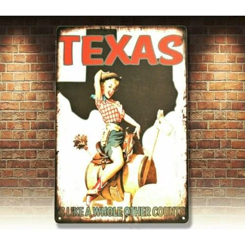 New Texas Pinup Girl Tin Metal Sign Wall Art Vintage Style Man Cave Garage