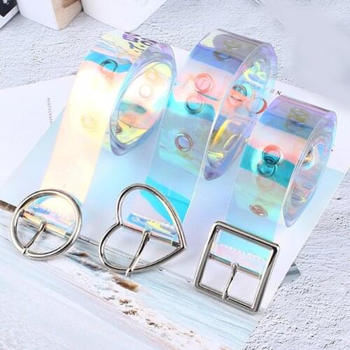 2021 New Women Waist Belt Laser Rainbow Clear Metal Buckle Casual Decoration Pin Transparent Fashion Lady Girls Waistband