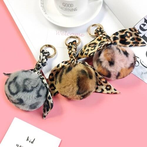 New Style Fake Rabbit Fur Pompom Heart Design Car Key Ring Colorful Leopard Grain Bag Chain Personality Is Hanged Keychains