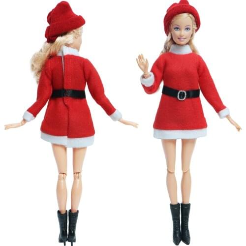 One Set Long Sleeves Red Dress Winter Wear Hat Boots Belt Accessories Christmas Outfit Clothes for Barbie Doll Baby DIY Toys