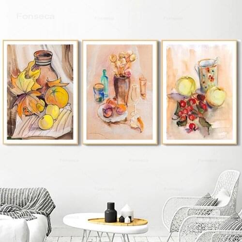 Retro Watercolor Food Poster Maple Leaf Apple Grape Bottle Wall Art Canvas Painting Wall Pictures for Kitchen Home Decoraion