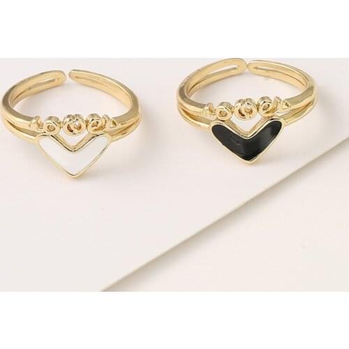 Romantic Black White Heart-shaped Opening Ring Fashion Love Gold Ring Accessories For Couple Elegant Party Jewelry Gift
