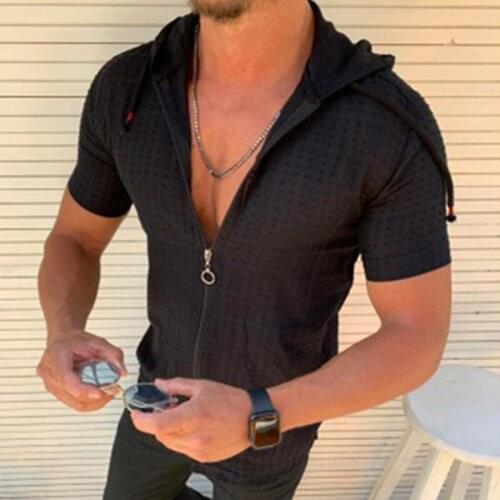 Summer Man Hooded Shirt 2021 Mens Ethnic Grid Stand Collar Stripe Short Sleeve Loose Hawaiian Henley Casual Shirt