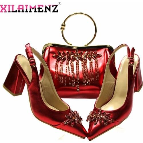 Pointed Toe Sandals with Shinning Crystal in Red Color Italian New Arrivals African Women Shoes and Bag to Match for Garden Part