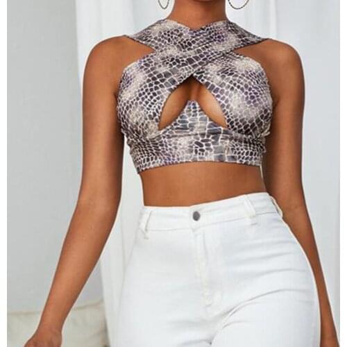 Musuos Sexy Ladies Cross Halter Neck Corset Bustier Tops Summer Women Sleeveless Cutout Hollow Printed Slim Fit Crop Top Street