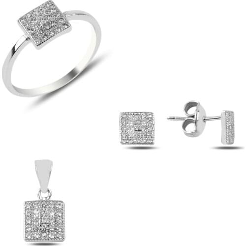 Silver 925 Sterling Square Zircon Stone Set