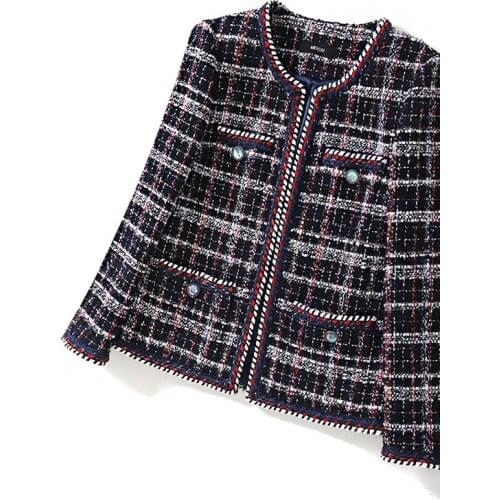 High quality brand designer 2019 autumn winter women plaid knitted tweed coats o-neck pockets buttons OL wool weave jackets y449