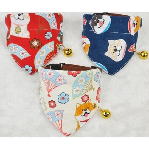 Puppy Neckerchief Adjustable Pet Dog Cat Neck Bandana Printed Collar With Bells Scarf Accessories for Cats & Small Dogs