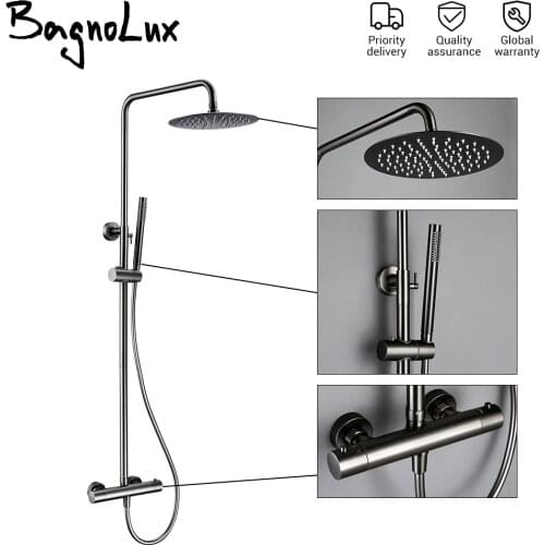 Thermostat Shower Mixer Valve Set Bathroom Thermostatic Faucet Wall Mount Shower Arm Diverter With Handheld Spray & Rain Head