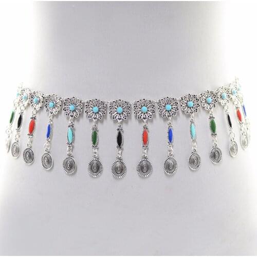 Turkish Bohemian color Metal Dangle Hippie Boho Flower Tassel Body Jewelry Women Gypsy Shimmy Belt Dance Body Chain Coins Belly